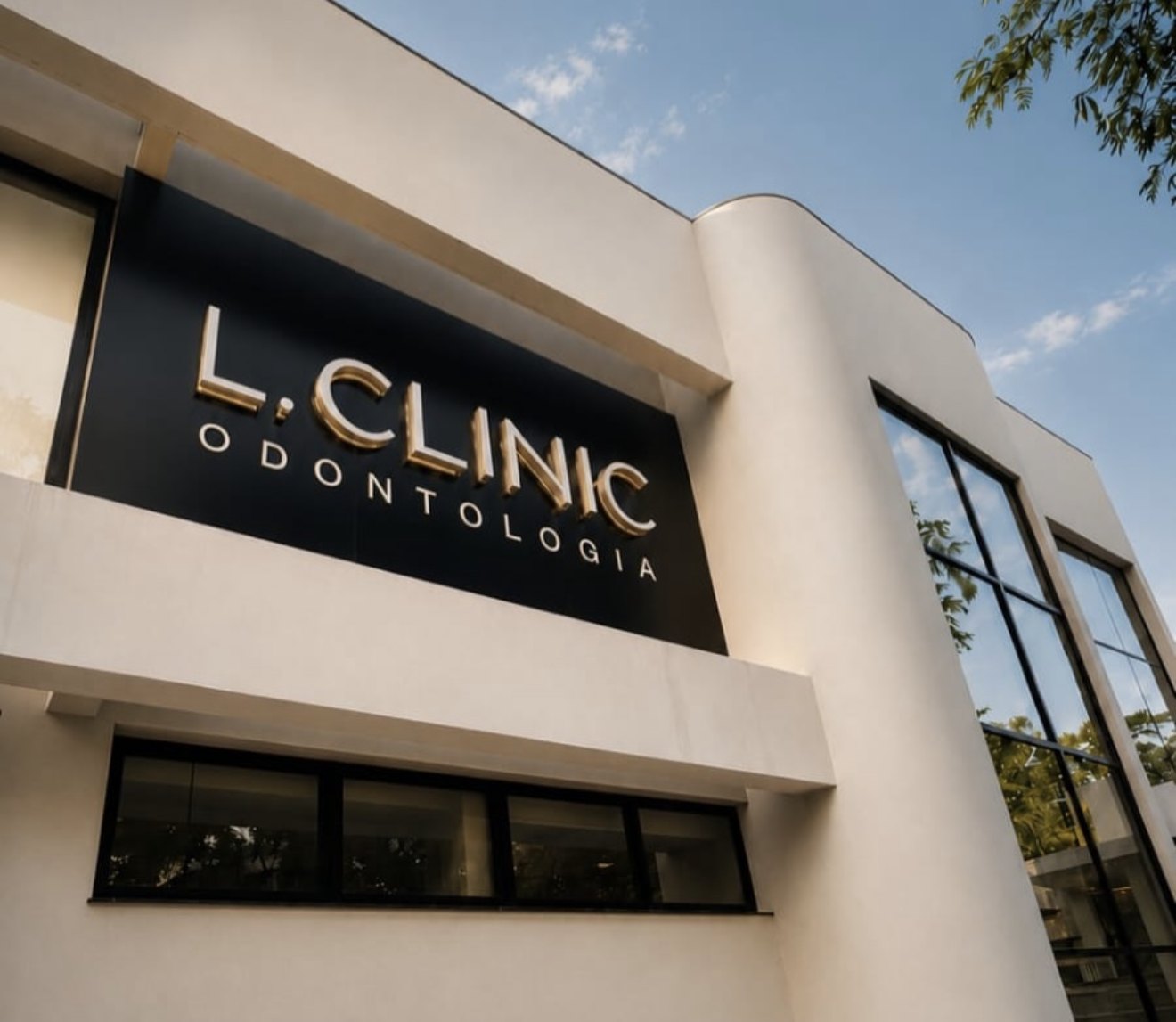 Letreiro dourado L. Clinic Odontologia na fachada